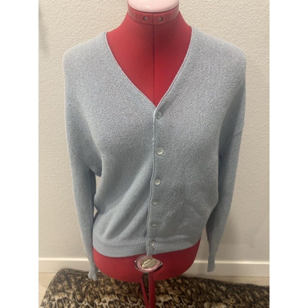 Vintage alpaca Light Blue Knit Cardigan V Neck Long Sleeve Casual Sweater Top